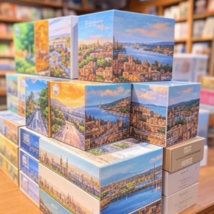 Stos pudełek z najchętniej kupowanymi kolekcjami puzzli