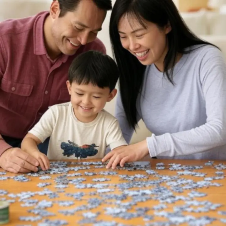 Rodzina wspólnie układająca puzzle przy jasnym stole