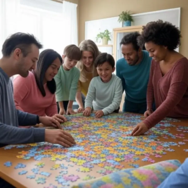Przytulna scena z układaniem puzzli na drewnianym stole