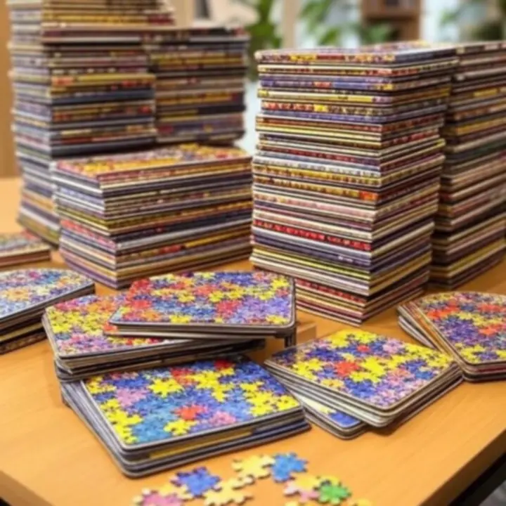 Bestsellerowe pudełka puzzli wyeksponowane w ciepłym, przytulnym wnętrzu sklepu