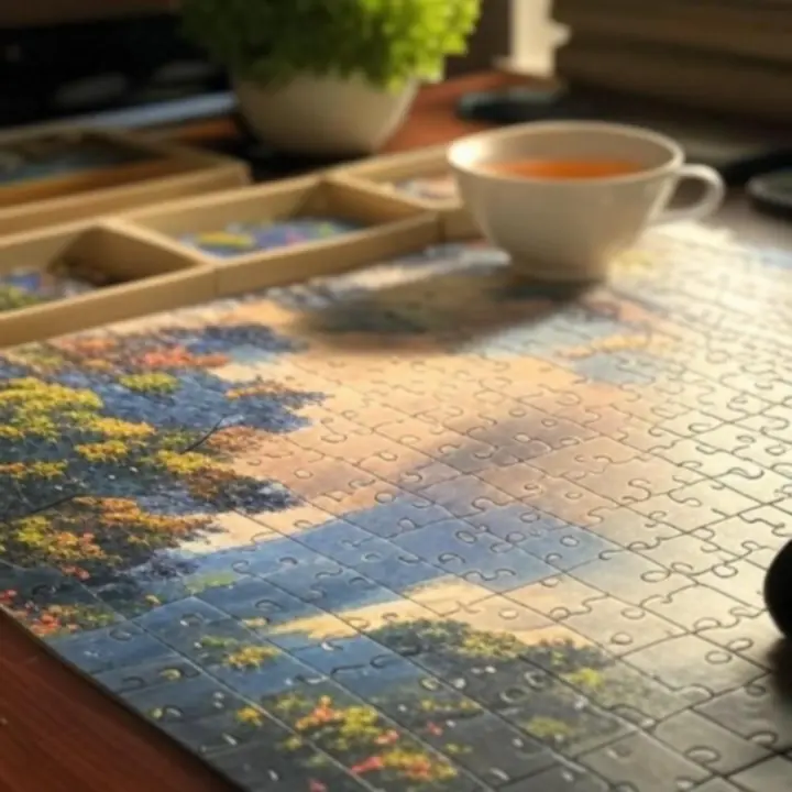 Przytulne biurko z rozłożonymi puzzlami i kubkiem ciepłego napoju