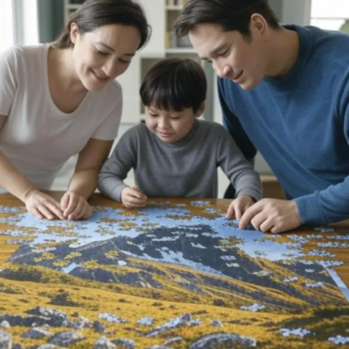 Rodzina wspólnie układająca puzzle o średnim poziomie trudności przy stole