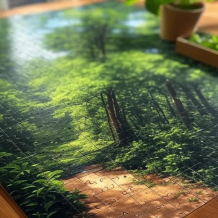 Pudełka puzzli z motywami natury i krajobrazów ułożone obok siebie.