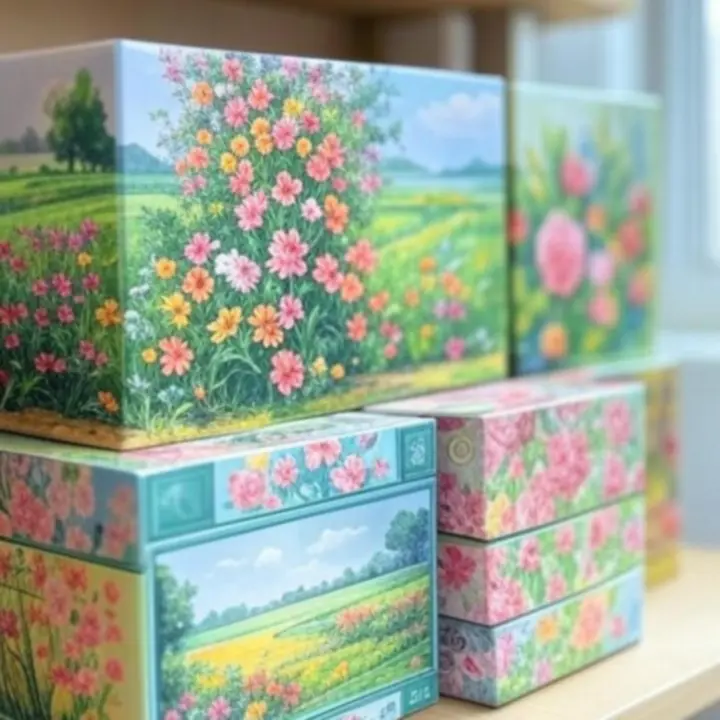 Stos pudełek z nowymi puzzlami ułożony na jasnym tle