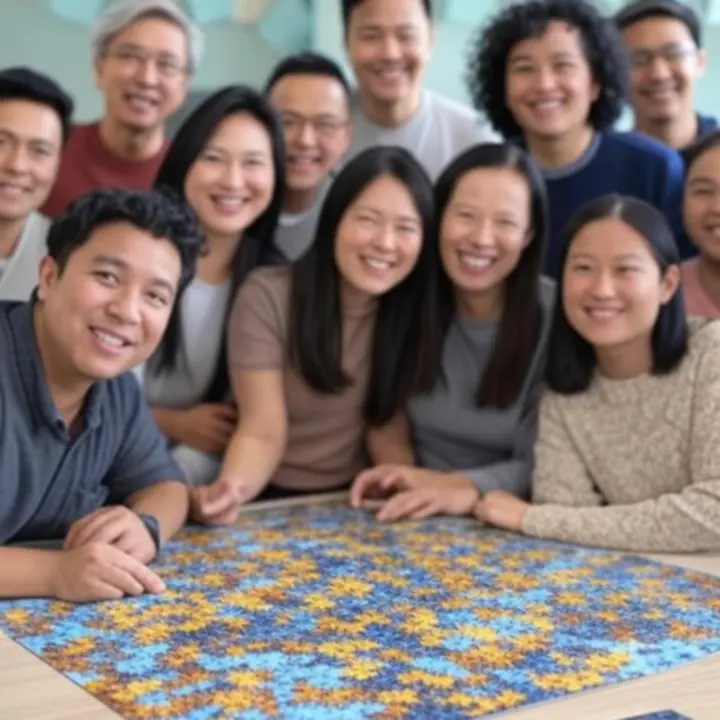 Grupa osób dzielących się doświadczeniami związanymi z układaniem puzzli
