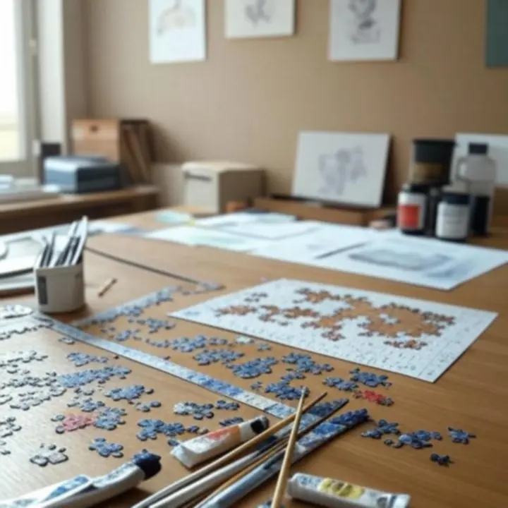 Biurko projektanta puzzli z szkicami i komputerem