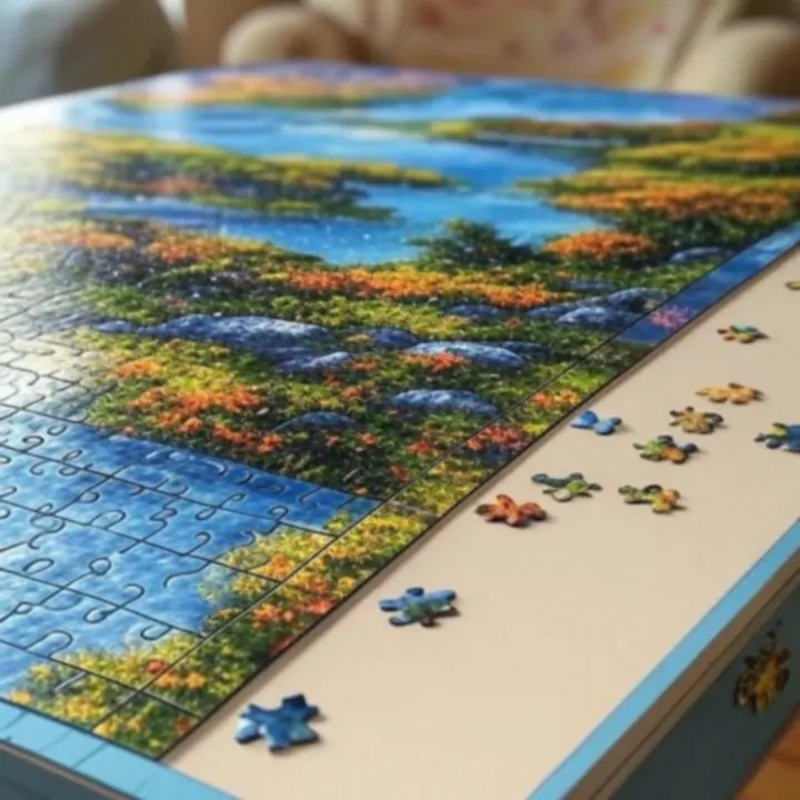 Wyeksponowane Puzzle Miesiąca na jasnym, przytulnym stole