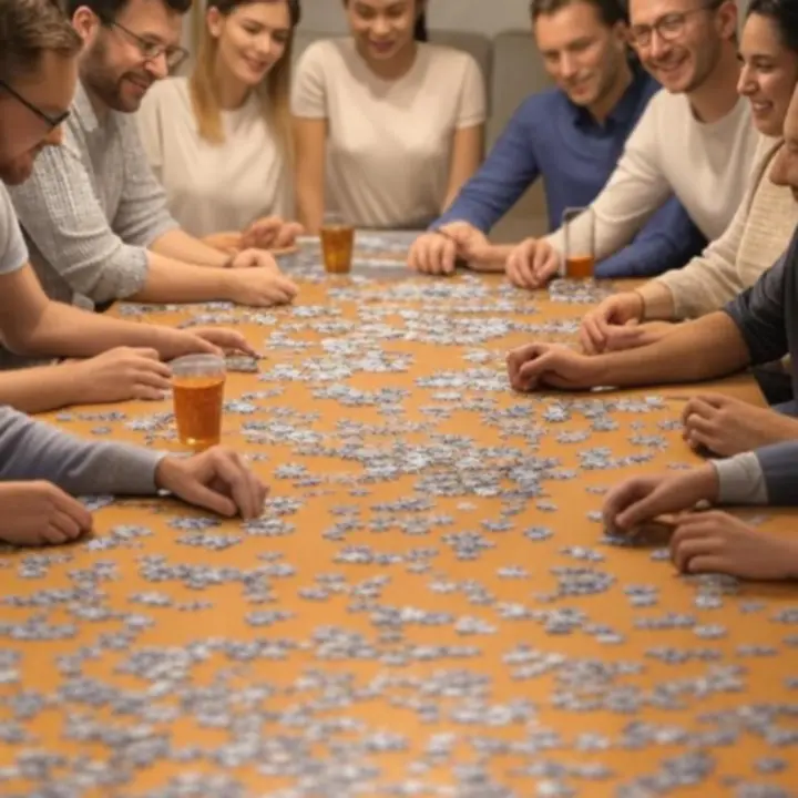 Zespół MiindPuzzleHub przy dużym stole pełnym puzzli