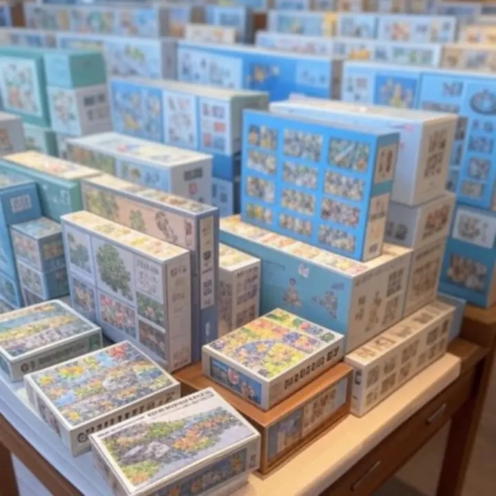 Różne motywy puzzli ułożone na stole: krajobrazy, zwierzęta i abstrakcyjne kompozycje.